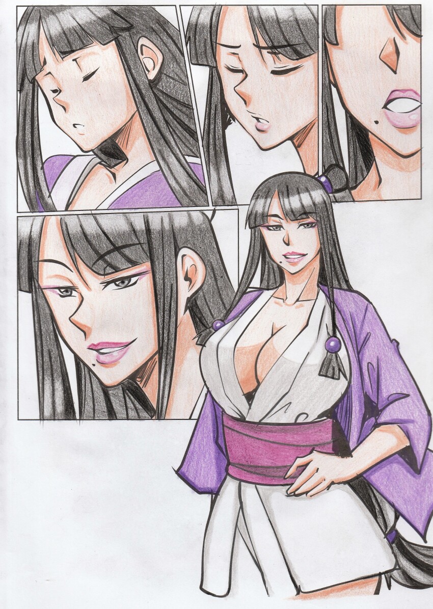 1girl, absurdres, ace_attorney, artist_collaboration, aya_yanagisawa, black_eyes, black_hair, breasts, cleavage, closed_eyes, coat, collarbone, colored_pencil_(medium), commentary, commission, english_commentary, eyeshadow, floating_hair, hair_behind_ear, hair_ornament, half_updo, highres, japanese_clothes, kimono, large_breasts, long_hair, looking_at_viewer, low-tied_long_hair, makeup, maya_fey, mia_fey, mixed_media, mole, mole_under_mouth, obi, parted_lips, pink_lips, purple_coat, purple_eyeshadow, sash, second-party_source, sidelocks, smile, sphere_hair_ornament, traditional_media, transformation, very_long_hair, white_kimono, yukiko-sakurey