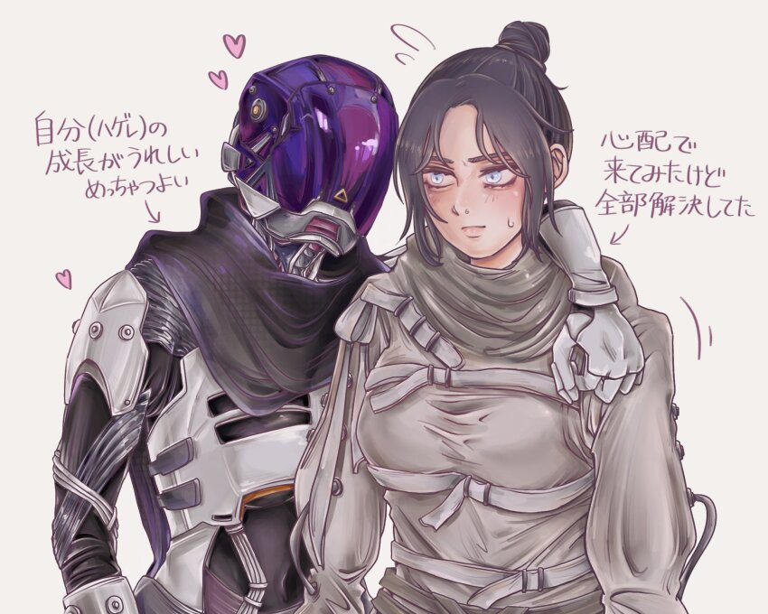 2girls, animification, apex_legends, arm_around_shoulder, armor, belt, black_bodysuit, black_scarf