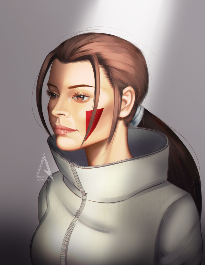 1girl, 3d, absurdres, artist_name, auberghyn, brown_hair, closed_mouth, facial_mark, highres, inuzuka_hana, long_hair, low_ponytail, naruto_(classic), naruto_(series), ponytail, portrait, realistic, signature, solo, upper_body