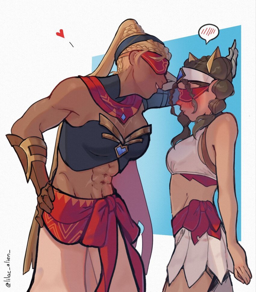 2girls, abs, blindfold, blush, breasts, brown_hair, eremite_(faction), eremite_desert_clearwater_(genshin_impact)