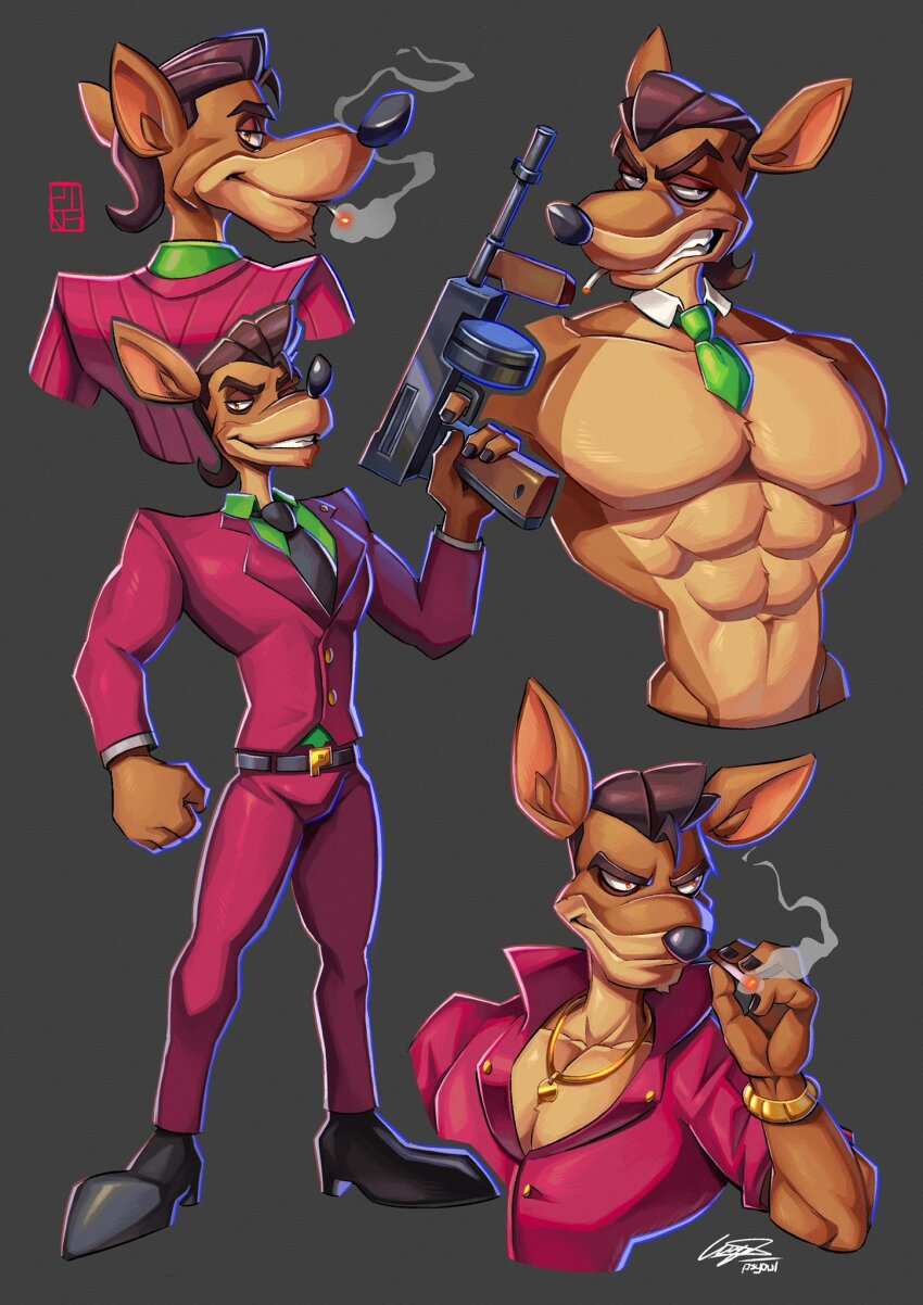 1boy, artist_logo, belt, black_belt, black_footwear, black_necktie, brown_hair, cigar, cigarette, crash_bandicoot_(series), formal_clothes, furry, furry_male, green_necktie, green_shirt, grey_background, grin, gun, highres, holding, holding_cigar, holding_gun, holding_weapon, jacket, jewelry, logo, multiple_views, muscular, muscular_male, necklace, necktie, pants, pink_jacket, pink_pants, pinstripe_potoroo, psyoui, shirt, shoes, short_hair, signature, simple_background, smile, smoking, suit, topless_male, watermark, weapon
