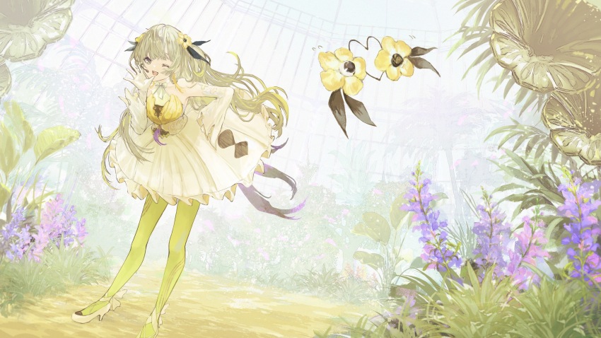1girl, absurdres, bare_shoulders, blonde_hair, botanical_garden, creature, detached_sleeves, dress