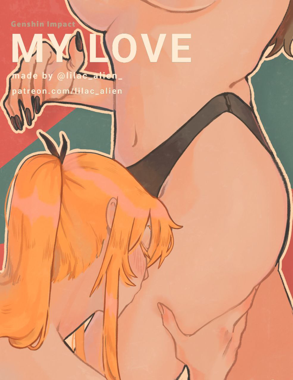 2girls, blonde_hair, blush, breasts, closed_eyes, commentary_typo, fingernails, genshin_impact