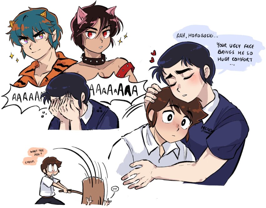 4boys, cat_boy, duck_etc, english_text, highres, looking_at_viewer, mendou_shuutarou, moroboshi_ataru