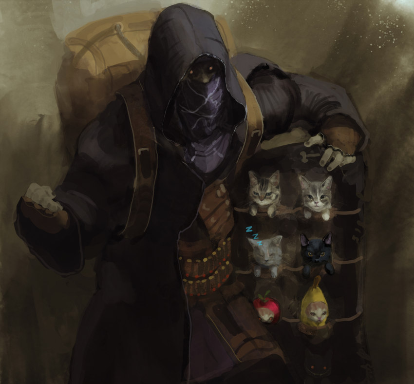 1boy, absurdres, apple, baby_animal, backpack, bag, banana, belt, black_coat, brown_gloves, cat, coat, coat_stash, fingerless_gloves, food, fruit, gloves, highres, hood, hood_up, hooded_coat, kitten, looking_at_viewer, male_focus, mask, meme, merchant_(resident_evil), rythayze, sad_banana_cat_(meme), solo, zzz