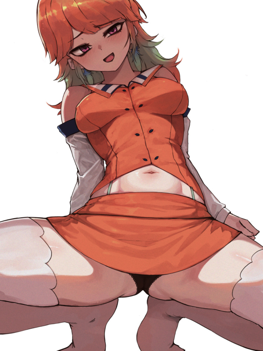 1girl, absurdres, black_panties, blush, breasts, detached_sleeves, earrings, feather_earrings