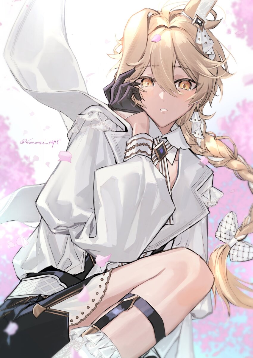 1boy, aether_(genshin_impact), alternate_costume, animal_ears, black_gloves, black_shorts, blonde_hair, blush