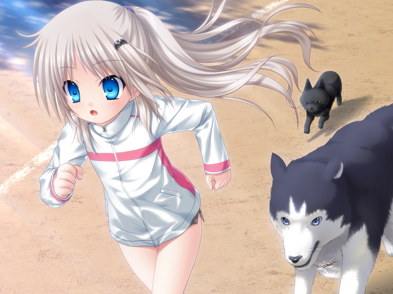 1girl, alternate_hairstyle, blue_eyes, dog, fang, female_focus, game_cg, jogging, kud_wafter, little_busters!, na-ga, noumi_kudryavka, open_mouth, running, solo, strelka_(little_busters!)