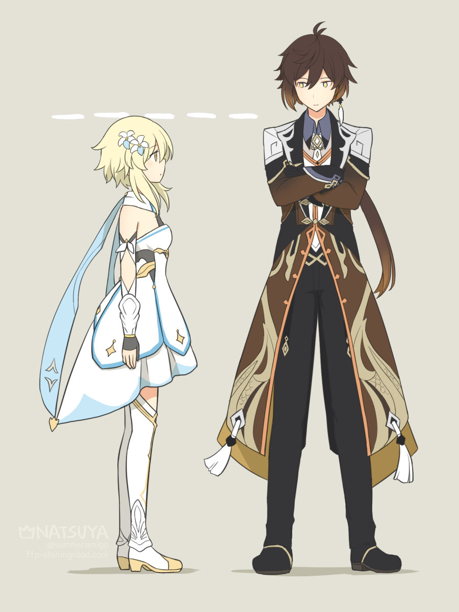 1boy, 1girl, antenna_hair, artist_name, bare_shoulders, black_footwear, black_pants, blonde_hair