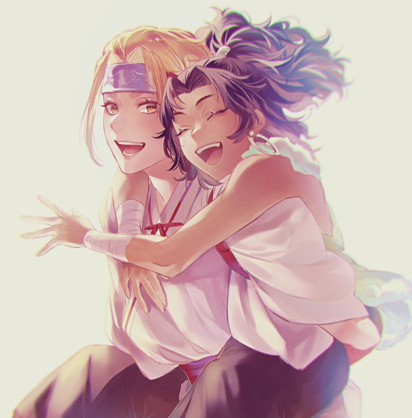 1boy, 1girl, absurdres, bandaged_arm, bandages, blonde_hair, brown_hair, carrying