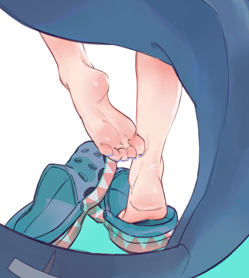 1girl, barefoot, blue_footwear, blue_nails, chunkyeggy, commentary, crocs, english_commentary, feet, feet_only, fins, fish_tail, foot_focus, gawr_gura, heel_up, highres, hololive, hololive_english, lower_body, nail_polish, shark_girl, shark_tail, simple_background, soles, solo, standing, standing_on_one_leg, tail, toenail_polish, toenails, toes, virtual_youtuber, white_background