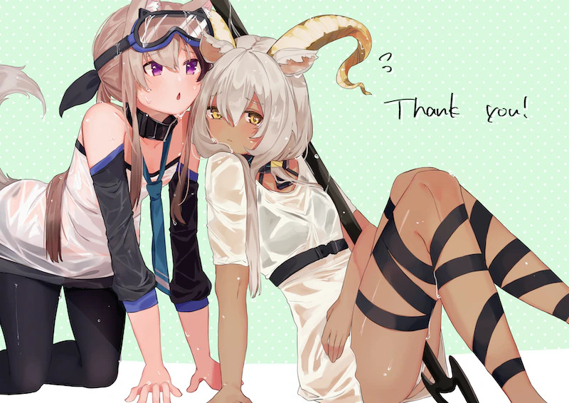 animal_ear_fluff, animal_ears, arknights, bare_shoulders, beeswax_(arknights), black_collar, bra_visible_through_clothes, breasts, cardigan, cardigan_(arknights), collar, commission, dark-skinned_female, dark_skin, dog_ears, dog_girl, dog_tail, dress, goat_ears, goat_girl, goat_horns, goggles, goggles_on_head, gold_horns, harikomi, holding, holding_staff, horns, infection_monitor_(arknights), leg_ribbon, multicolored_hair, purple_eyes, ribbon, see-through_clothes, see-through_shirt, shirt, simple_background, skeb_commission, small_breasts, staff, streaked_hair, tail, wet, wet_clothes, wet_shirt, white_cardigan, white_dress, white_hair, yellow_eyes, yuri