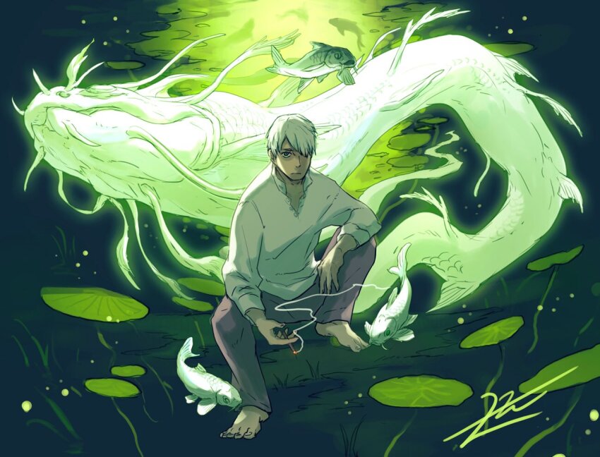 1boy, animal, backlighting, barefoot, cigarette, closed_mouth, collared_shirt, eel, fish, ginko_(mushi), ginko_(mushishi), green_theme, grey_pants, hair_over_one_eye, holding, holding_cigarette, knee_up, long_sleeves, looking_at_viewer, lotus_leaf, male_focus, mushishi, nature, one_eye_covered, oversized_animal, pants, shirt, short_hair, signature, sitting, smoke, surreal, underwater, v-neck, white_hair, white_shirt, yamamura_le