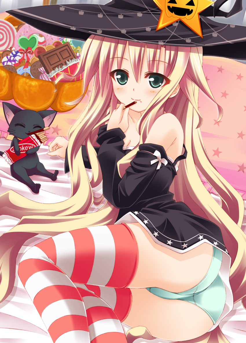 1girl, animal, arm_support, ass, bare_shoulders, bed_sheet, blonde_hair, breasts, candy, cat, chocolate, chocolate_bar, cleavage, closed_eyes, dress, eating, female_focus, food, green_eyes, green_panties, halloween, hat, highres, long_hair, lying, medium_breasts, on_side, original, panties, pocky, sitting, smile, solo, star_(symbol), striped_clothes, striped_thighhighs, thighhighs, underwear, usaginezumi, very_long_hair, witch_hat