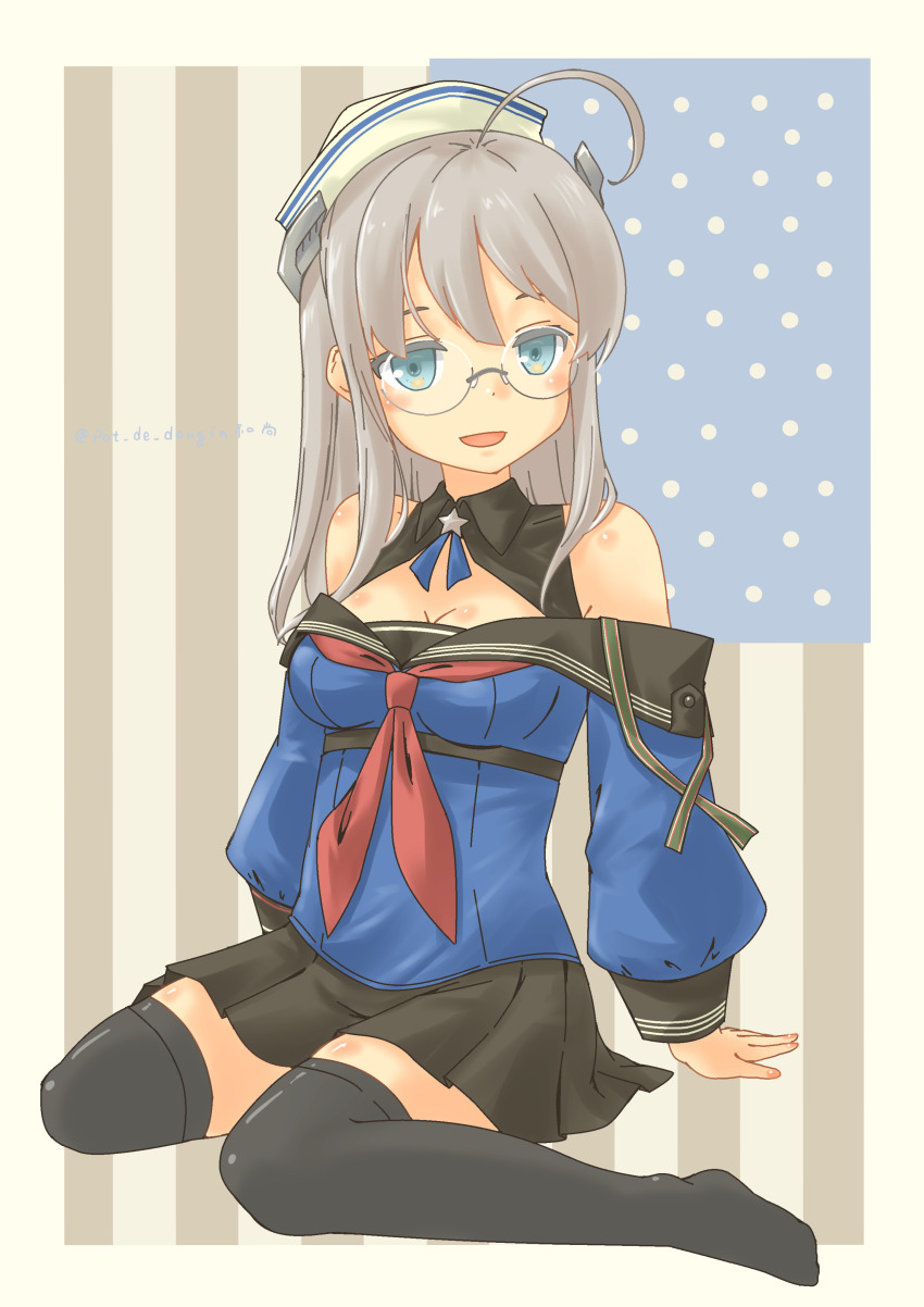 1girl, absurdres, ahoge, american_flag_background, black_sailor_collar, black_skirt, black_thighhighs, blue_eyes