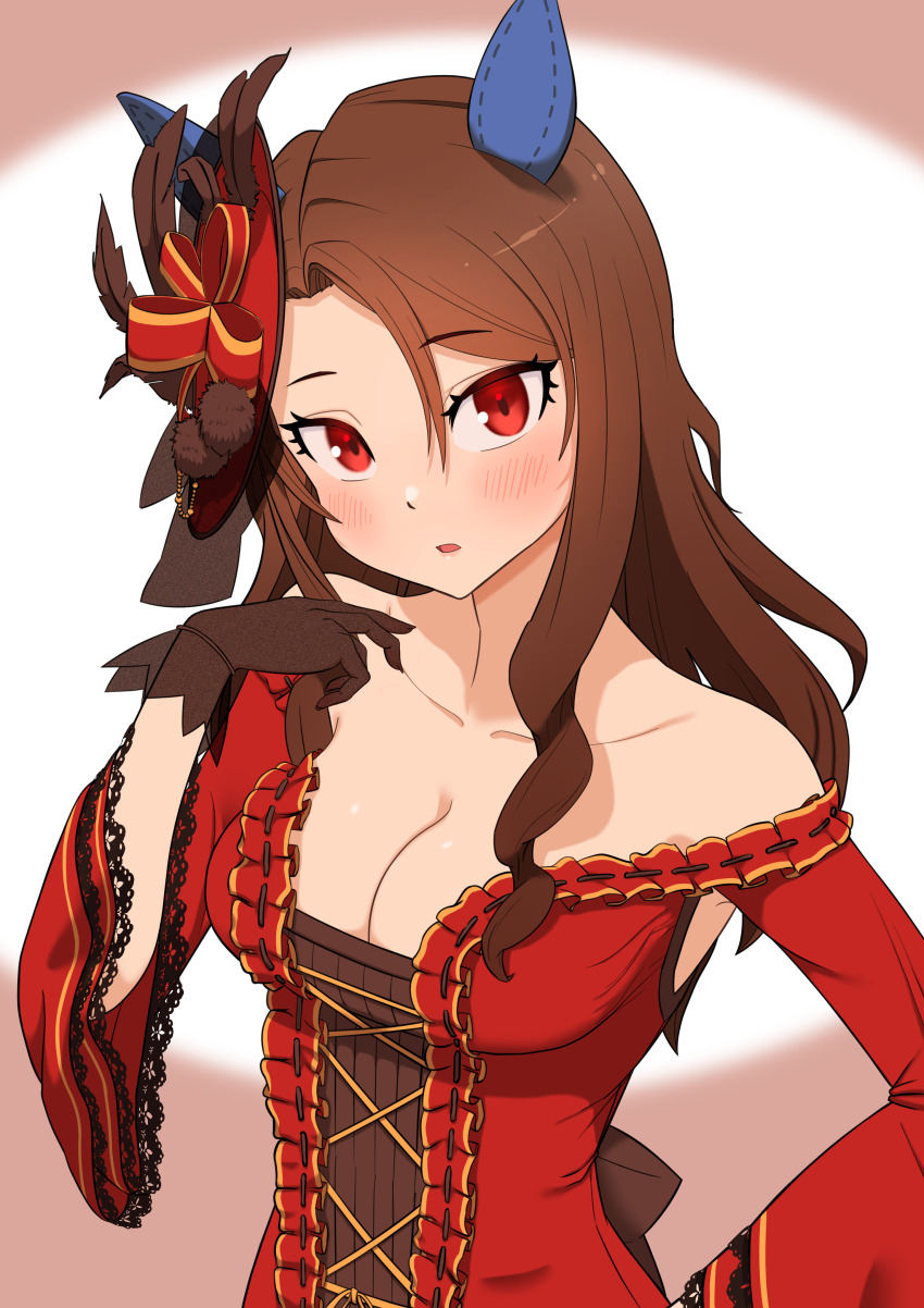 1girl, absurdres, alternate_costume, black_gloves, breasts, brown_hair, collarbone, dress