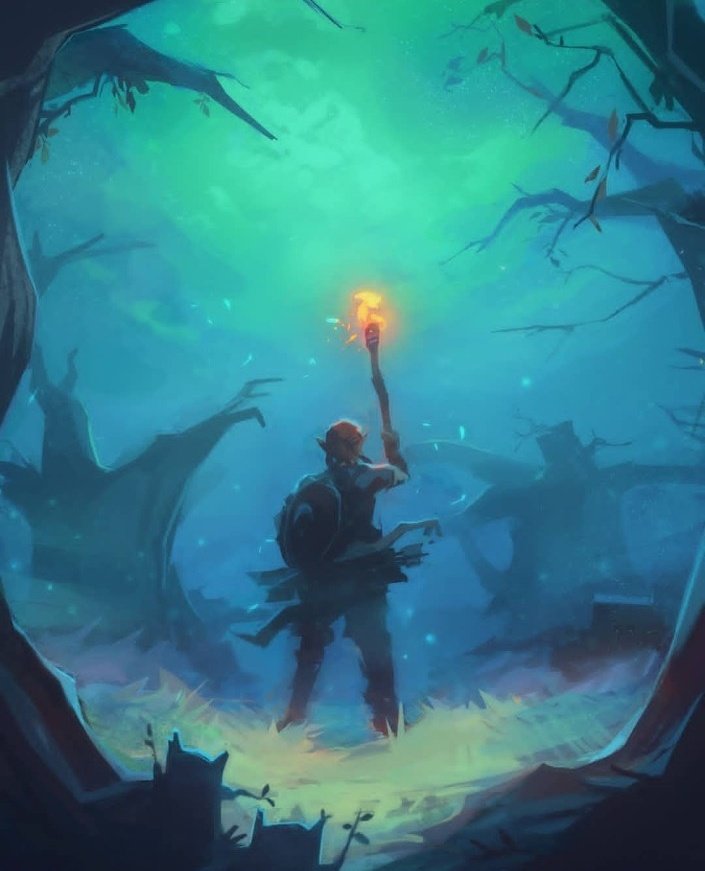 1boy, arrow_(projectile), bare_tree, blonde_hair, brown_gloves, fire, forest, gloves, grass, green_sky, hand_up, holding, holding_torch, jay_(inkeyjay), korok, link, nature, nintendo, outdoors, pants, quiver, shield, shield_on_back, short_hair, sky, solo_focus, the_legend_of_zelda, the_legend_of_zelda:_breath_of_the_wild, torch, tree, weapon, weapon_on_back