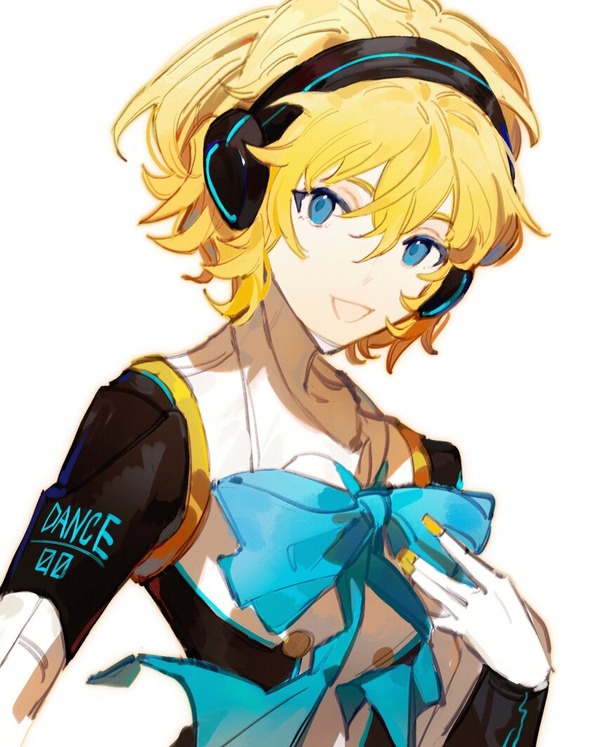 1girl, :d, absurdres, aigis_(persona), android, black_dress, blonde_hair, blue_bow, blue_eyes, blue_ribbon, bow, buttons, collared_dress, dress, headphones, highres, hikawayunn, joints, looking_at_viewer, official_alternate_costume, open_mouth, persona, persona_3, persona_3:_dancing_moon_night, persona_dancing, ribbon, robot_ears, robot_joints, short_hair, simple_background, sketch, smile, solo, two-tone_dress, white_background, white_dress