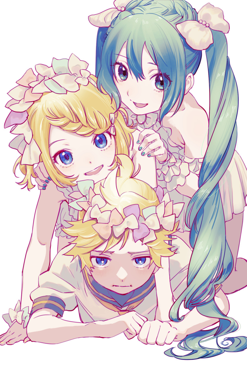 1boy, 2girls, :i, ahoge, annoyed, aqua_eyes, aqua_hair, bare_arms