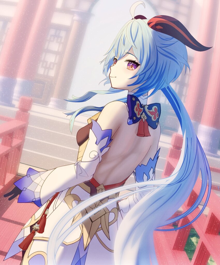 1girl, ahoge, backless_outfit, bare_back, bare_shoulders, black_gloves, blue_hair, breasts