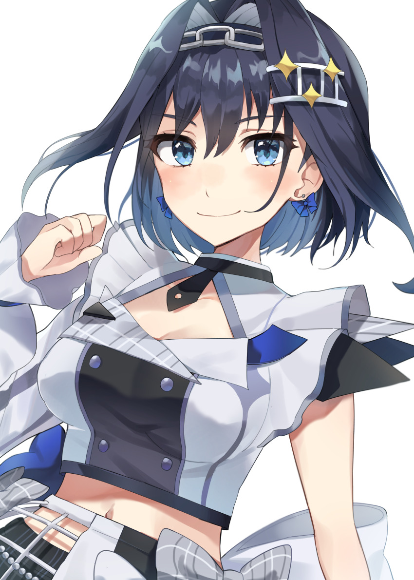 1girl, absurdres, blue_bow, blue_eyes, blue_hair, blush, bow, bow_earrings