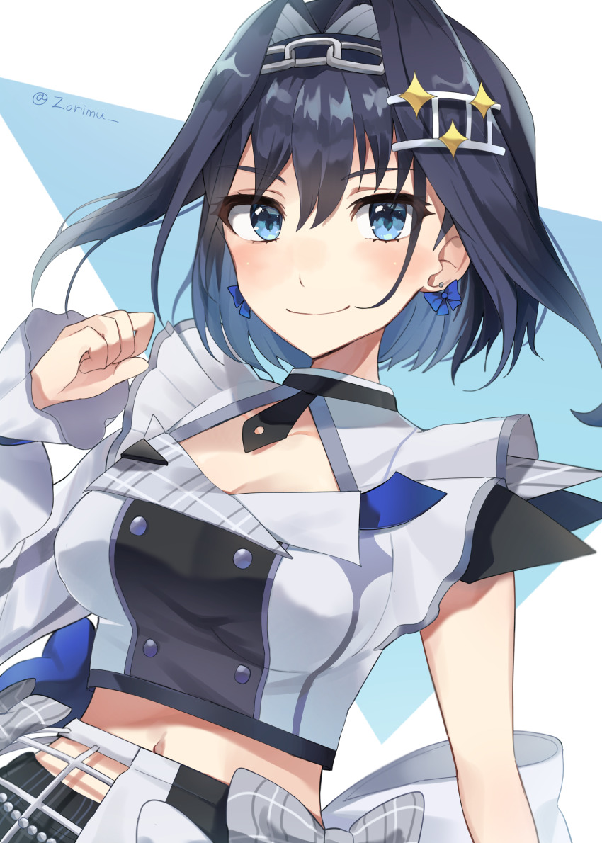 1girl, absurdres, blue_bow, blue_eyes, blue_hair, blush, bow, bow_earrings