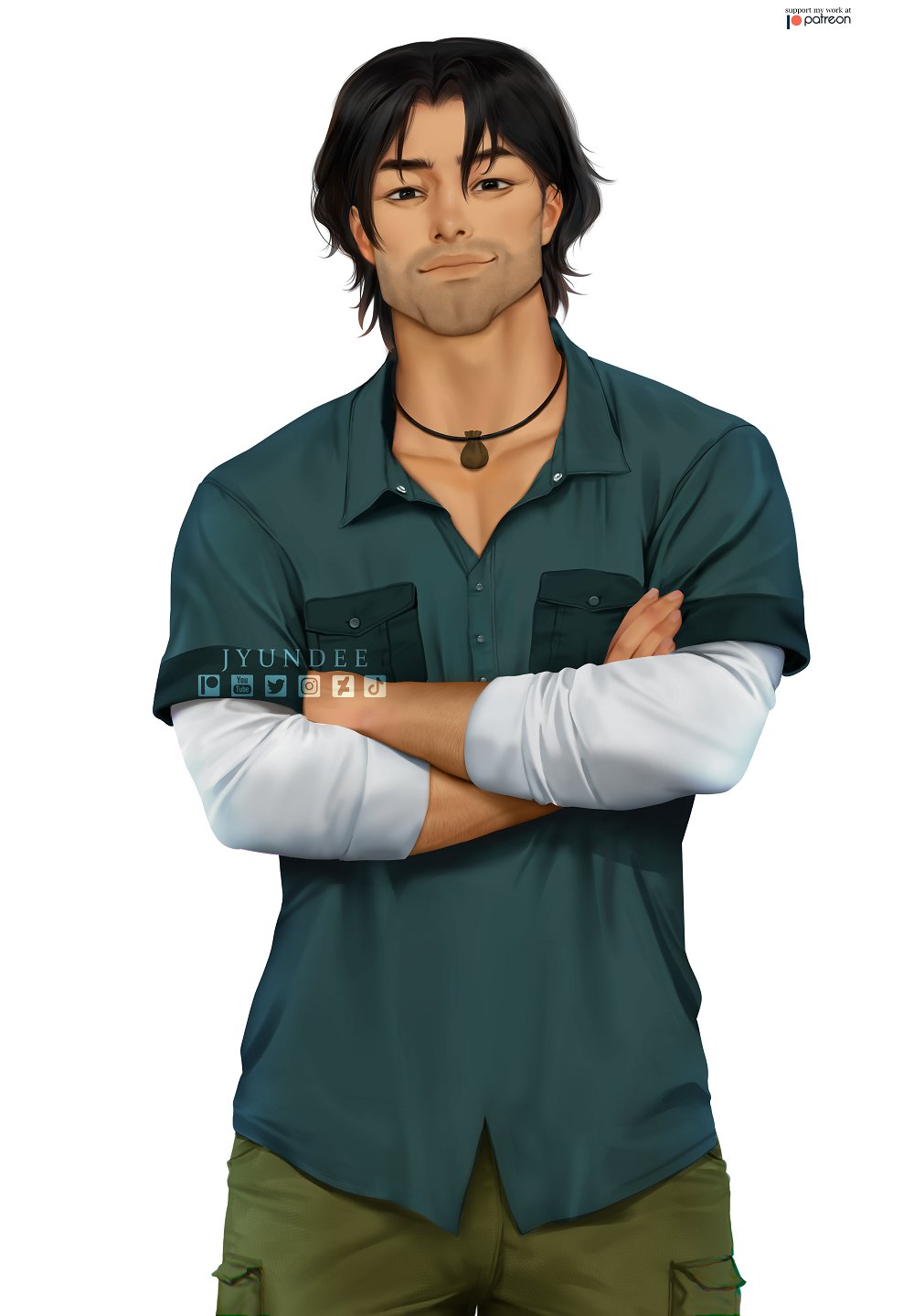 aqua_shirt, black_eyes, black_hair, chris_mclean, facial_hair, green_pants, highres, jewelry
