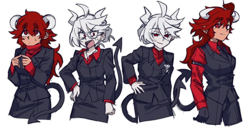 2girls, adapted_costume, ahoge, anger_vein, black_gloves, black_jacket, black_necktie, black_pants