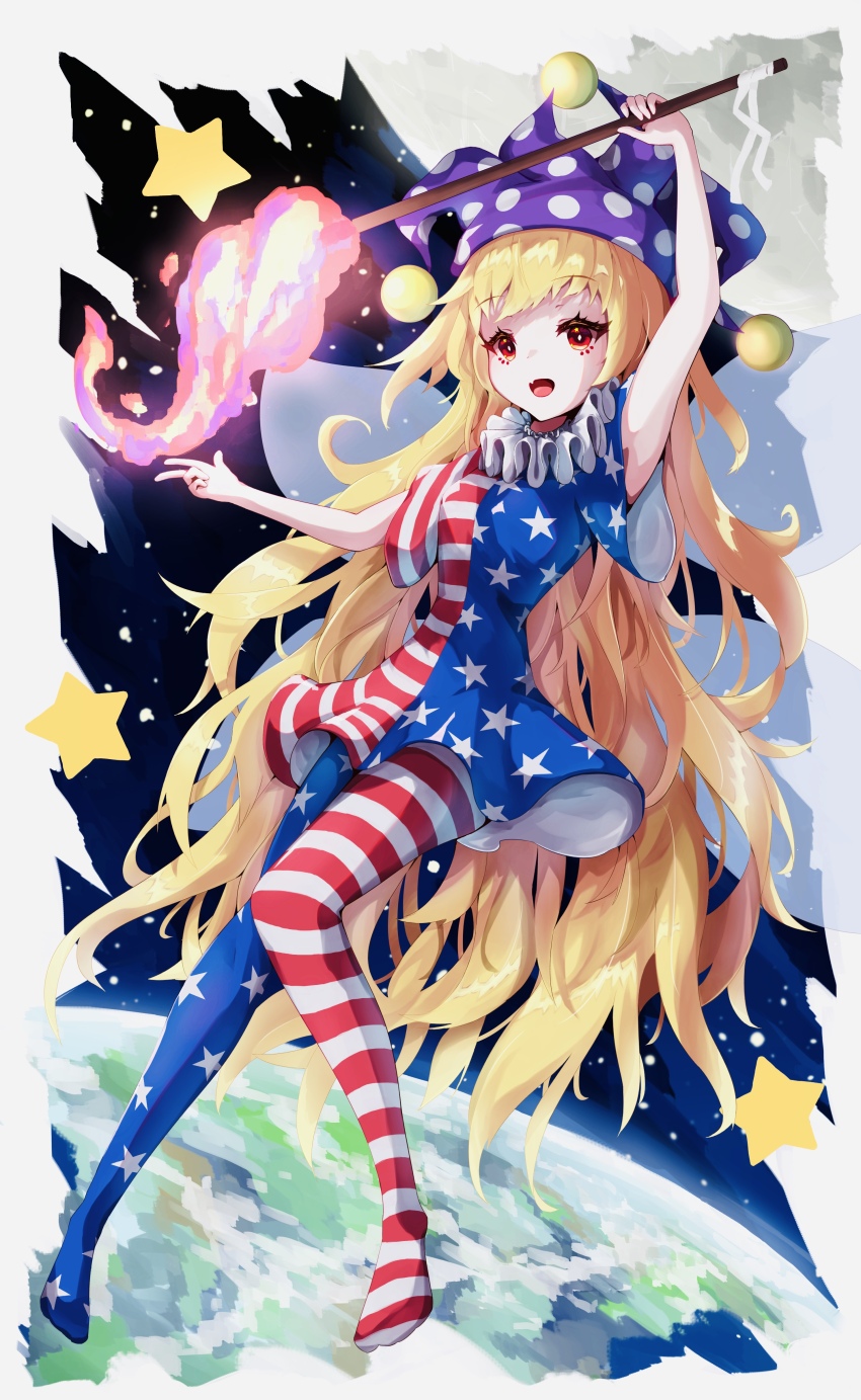 1girl, absurdres, american_flag_dress, american_flag_pants, american_flag_print, arm_up, black_sky, blonde_hair, breasts, clownpiece, dress, earth_(planet), fairy_wings, fang, fire, flying, hand_up, hat, highres, holding, holding_torch, jester_cap, kayakusa_cafu, long_hair, medium_breasts, moon, neck_ruff, no_shoes, open_mouth, pants, pink_fire, planet, polka_dot, print_pants, purple_hat, red_eyes, short_sleeves, sky, smile, solo, space, star_(sky), star_(symbol), star_print, starry_sky, striped_clothes, striped_dress, striped_pants, tongue, torch, touhou, very_long_hair, wings