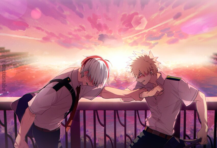 2boys, arm_at_side, arm_grab, backlighting, bag, bakugou_katsuki, belt, blonde_hair