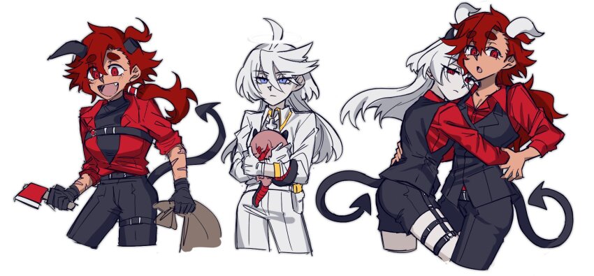 2girls, :d, :o, adapted_costume, ahoge, arm_around_another's_waist, axe, azazel_(helltaker), azazel_(helltaker)_(cosplay), belt, black_gloves, black_horns, black_pants, blue_eyes, breasts, broken_horn, cleavage, collarbone, cosplay, creature, cropped_legs, cross, dark_skin, demon_girl, demon_horns, demon_tail, earrings, expressionless, eyes_visible_through_hair, fang, gloves, gundam, gundam_suisei_no_majo, hair_between_eyes, helltaker, highres, holding, holding_axe, horns, hug, jacket, jewelry, judgement_(helltaker), judgement_(helltaker)_(cosplay), long_hair, long_sleeves, looking_at_viewer, malina_(helltaker), malina_(helltaker)_(cosplay), medium_breasts, miorine_rembran, morumottokun, multiple_girls, open_collar, open_mouth, pale_skin, pants, ponytail, red_eyes, red_hair, scar, scar_on_arm, shirt, shorts, simple_background, sleeves_rolled_up, smile, suletta_mercury, tail, three-quarter_sleeves, vanripper_(style), white_background, white_gloves, white_hair, white_horns, white_shirt, yuri, zdrada_(helltaker), zdrada_(helltaker)_(cosplay)