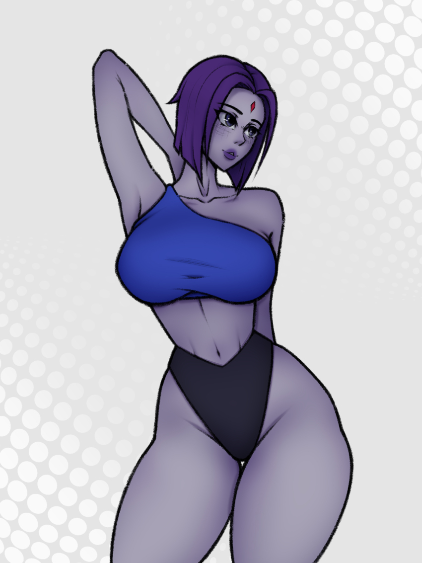 abs, absurdres, aged_up, alternate_breast_size_(larger), bikini, black_panties, blue_skin, blush