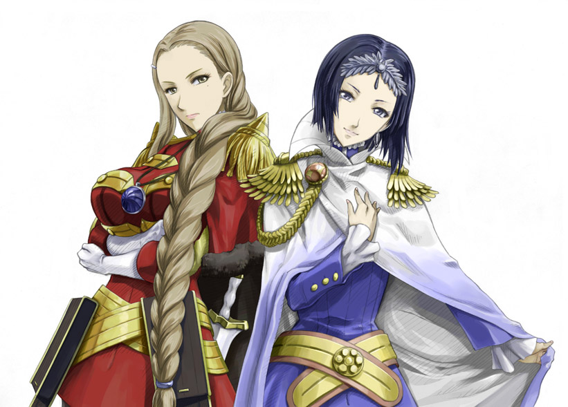 00s, 2girls, audrey_gassenarl, blonde_hair, blue_eyes, blue_hair, braid, breasts, brown_eyes, cape, cordelia_gi_randgriz, crown, darcsen, dress, female_focus, gloves, jewelry, large_breasts, long_hair, military, military_uniform, mole, morisu, multiple_girls, pendant, sega, senjou_no_valkyria, senjou_no_valkyria_(series), senjou_no_valkyria_2, short_hair, single_braid, sword, tiara, weapon