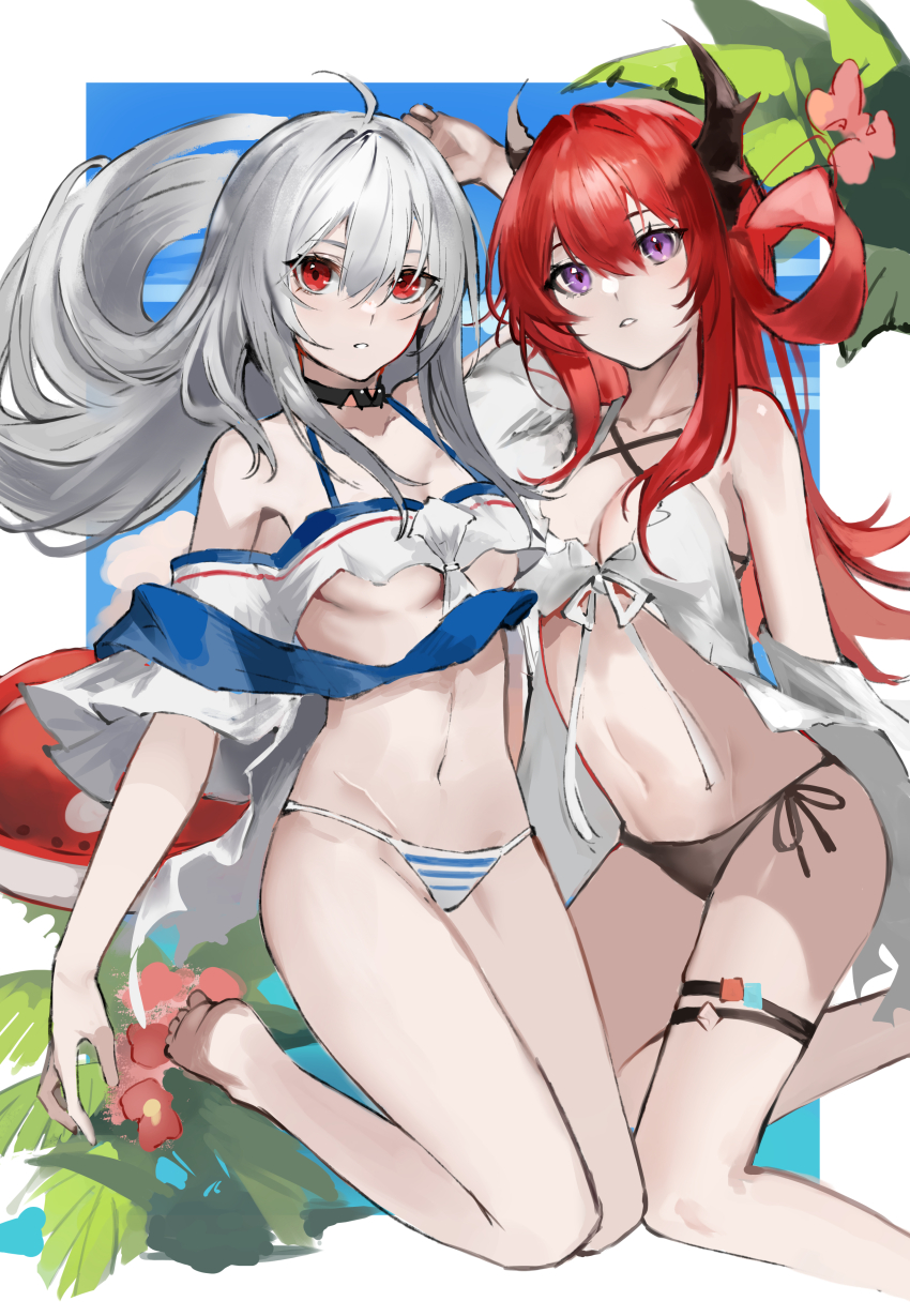 2girls, absurdres, ahoge, arknights, bare_legs, bare_shoulders, barefoot, bikini, breasts, cleavage, commentary_request, grey_hair, hair_between_eyes, hair_rings, highres, horns, long_hair, looking_at_viewer, medium_breasts, midriff, multiple_girls, navel, off-shoulder_shirt, off_shoulder, official_alternate_costume, parted_lips, purple_eyes, red_eyes, red_hair, s_4ik4, shirt, short_sleeves, side-tie_bikini_bottom, skadi_(arknights), skadi_(waverider)_(arknights), stomach, surtr_(arknights), surtr_(colorful_wonderland)_(arknights), swimsuit, thigh_strap, thighs, underboob, very_long_hair, white_shirt