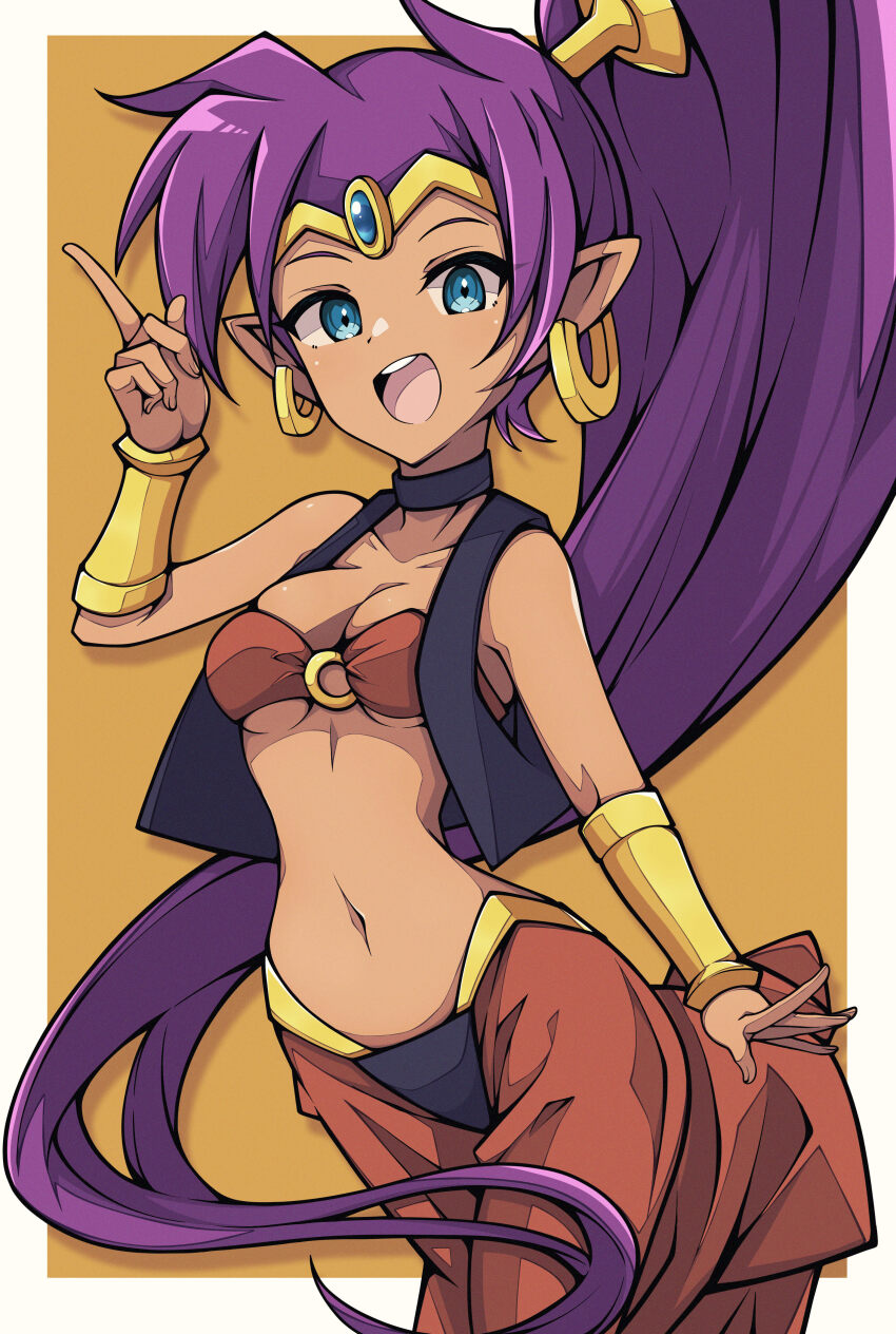 1girl, absurdres, arabian_clothes, blue_eyes, bracer, breasts, choker, cleavage, cowboy_shot, dark-skinned_female, dark_skin, earrings, forehead_jewel, harem_pants, highres, hoop_earrings, jewelry, kakuzatou_(cubesugar03196), long_hair, looking_at_viewer, medium_breasts, navel, open_mouth, pants, pointy_ears, ponytail, purple_hair, shantae, shantae_(series), smile, solo, tan, tiara, underboob, very_long_hair