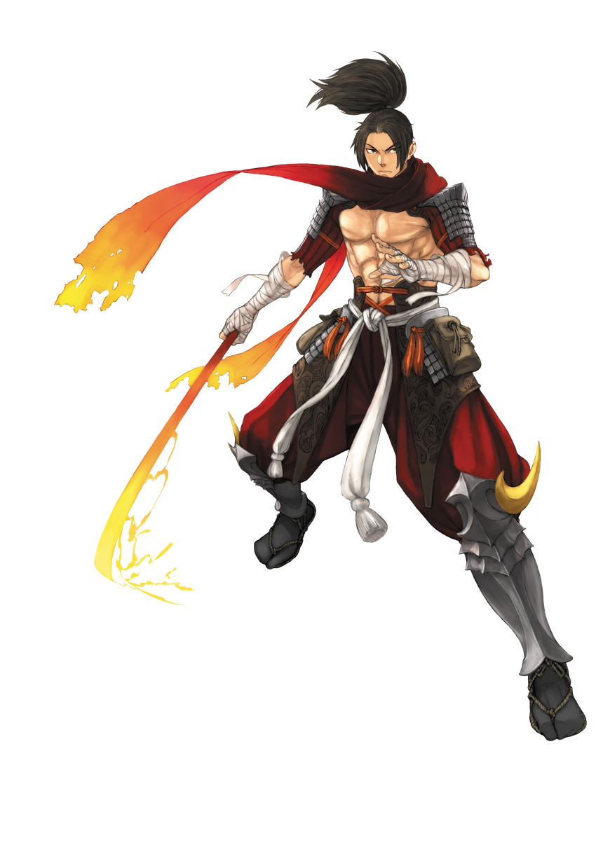 1boy, abs, absurdres, armor, bandages, black_eyes, black_hair, crescent, fire, hakama, hakama_skirt, highres, japanese_armor, japanese_clothes, kage_(kage_no_densetsu), kage_no_densetsu, katana, long_hair, male_focus, muscular, nakada_shin'ichi, ninja, official_art, scarf, serious, simple_background, skirt, solo, sword, taito, topknot, weapon, white_background