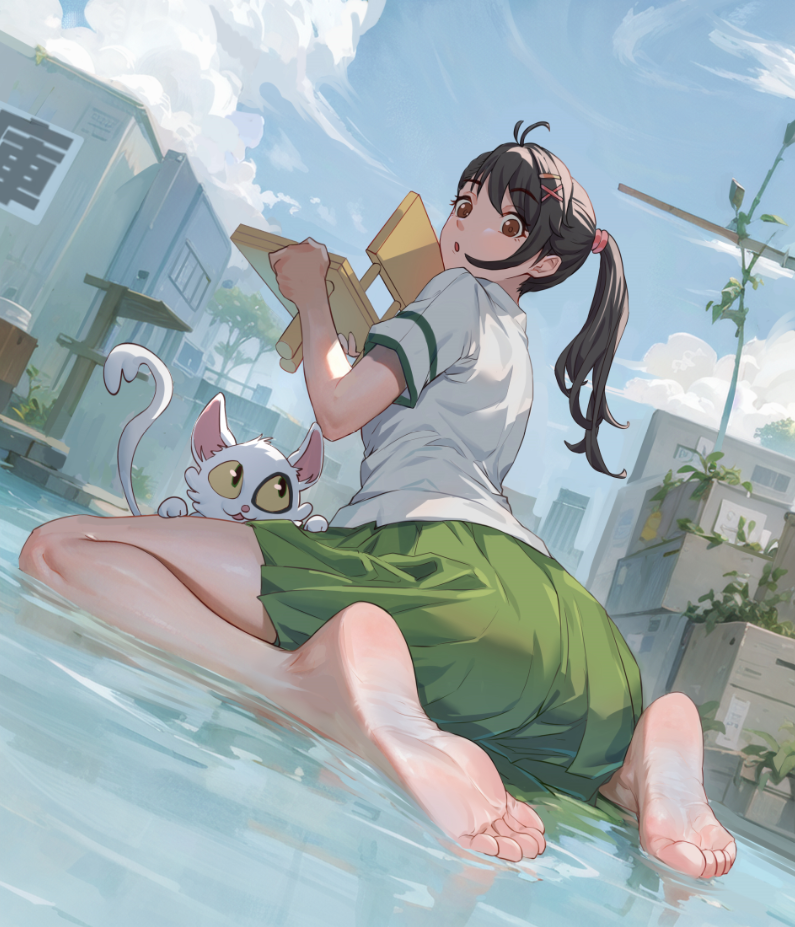 1girl, barefoot, black_hair, brown_eyes, cat, chair, feet, iwato_suzume