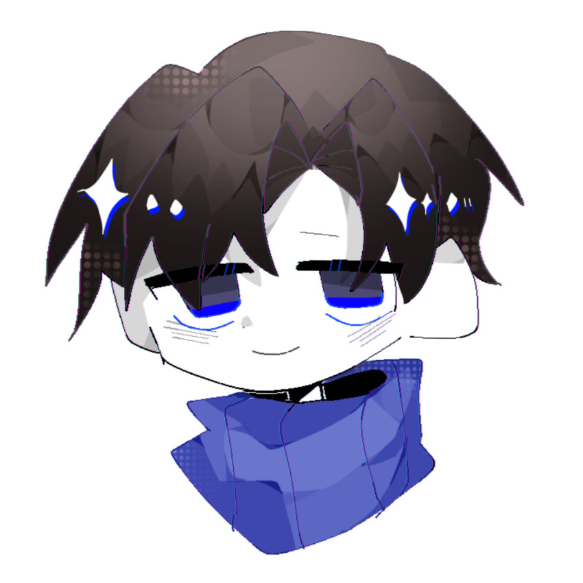 1boy, abraxastori, black_hair, blue_eyes, blue_scarf, chinese_commentary, closed_mouth, colored_skin, commentary_request, demian_(project_moon), jaggy_lines, limbus_company, male_focus, portrait, project_moon, sanpaku, scarf, short_hair, simple_background, smile, solo, white_background, white_skin