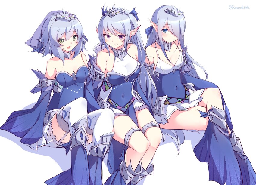 3girls, absurdres, bare_legs, blue_dress, blue_eyes, covered_navel, crossed_legs, dress