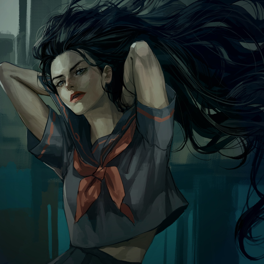 1girl, absurdres, arms_behind_head, black_eyes, black_hair, green_shirt, green_skirt, highres