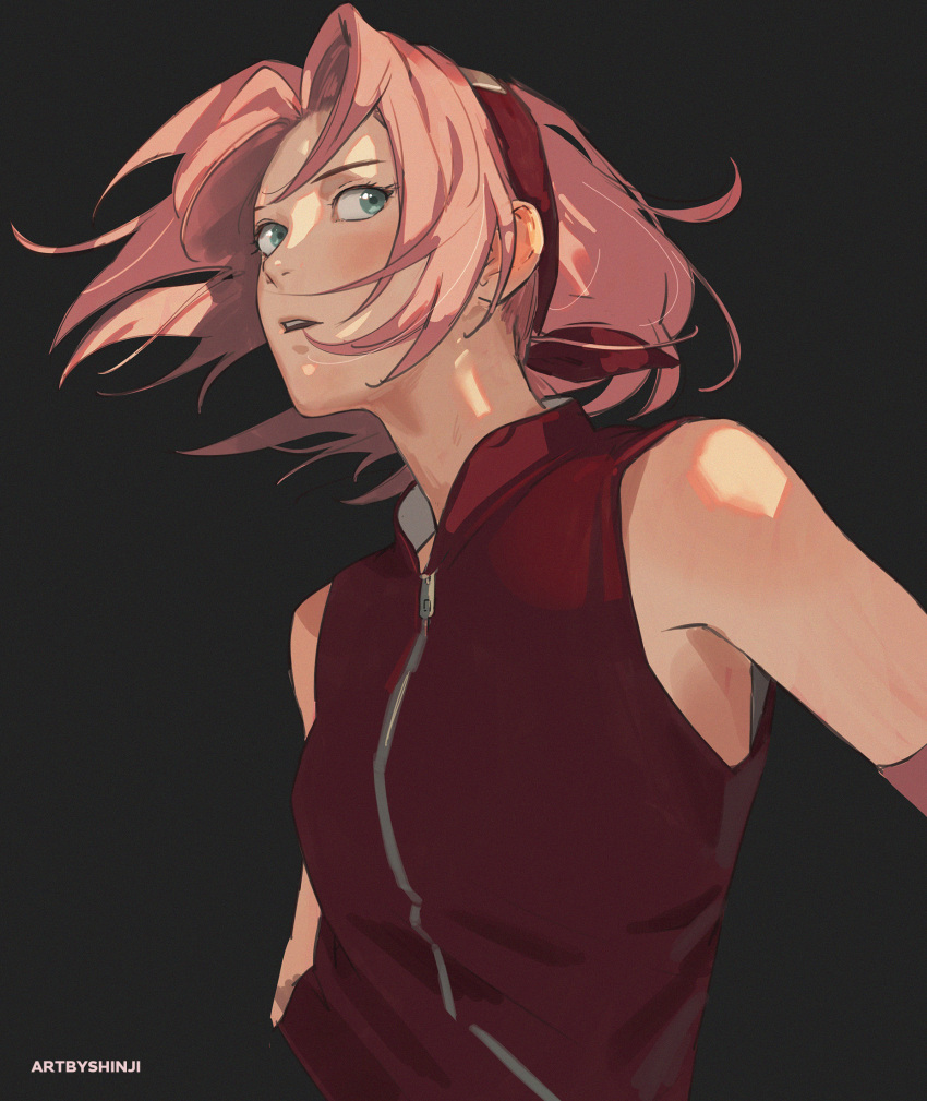 1girl, artbyshinji, artist_name, black_background, breasts, commentary, cropped_torso, forehead_protector, green_eyes, hairband, haruno_sakura, highres, naruto_(series), naruto_shippuuden, pink_hair, red_hairband, sleeveless, sleeveless_jacket, small_breasts, solo, upper_body