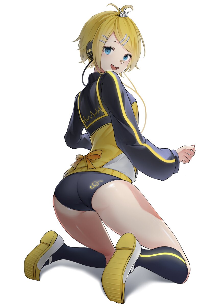 1girl, ass, bandaid, bandaid_on_face, bandaid_on_nose, black_socks, blonde_hair, blue_eyes