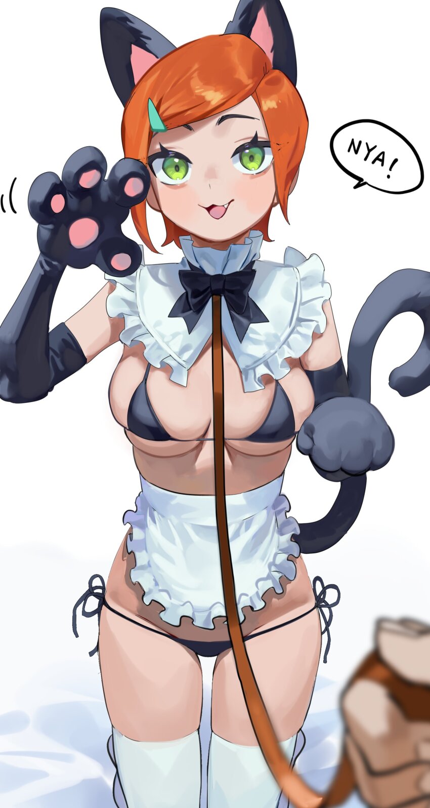 1girl, absurdres, animal_ears, animal_hands, animification, apron, bdsm, ben_10, bikini, black_bikini, black_bow, black_bowtie, black_gloves, bow, bowtie, breasts, breasts_apart, cat_ears, cat_tail, collar, elbow_gloves, fake_animal_ears, fake_tail, fang, feet_out_of_frame, frilled_apron, frills, gloves, green_eyes, gwen_tennyson, hair_ornament, hairclip, highres, large_breasts, leash, looking_at_viewer, maid, micro_bikini, nia_(nia4294), orange_hair, parted_lips, paw_gloves, pet_play, shadow, short_hair, side-tie_bikini_bottom, skindentation, slave, smile, solo_focus, speech_bubble, swimsuit, tail, thighhighs, white_apron, white_background, white_thighhighs