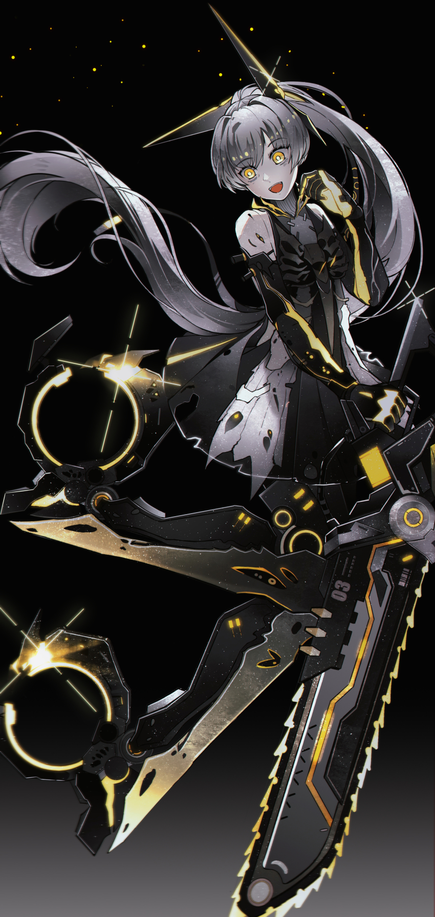 1girl, absurdres, bare_shoulders, chainsword, chinese_commentary, commentary_request, crazy_eyes, crazy_smile