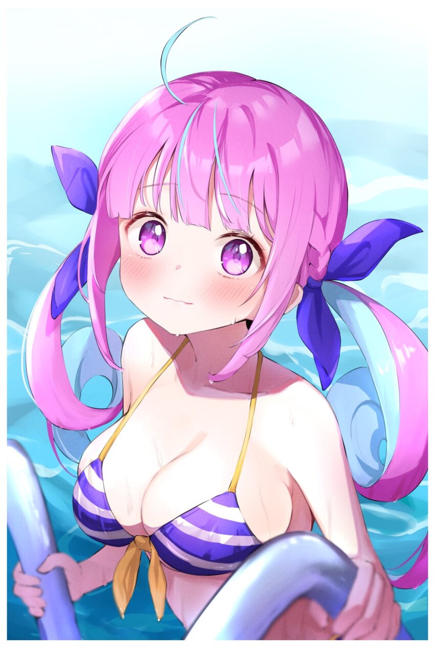 1girl, ahoge, bare_shoulders, bikini, blunt_bangs, braid, breasts, closed_mouth
