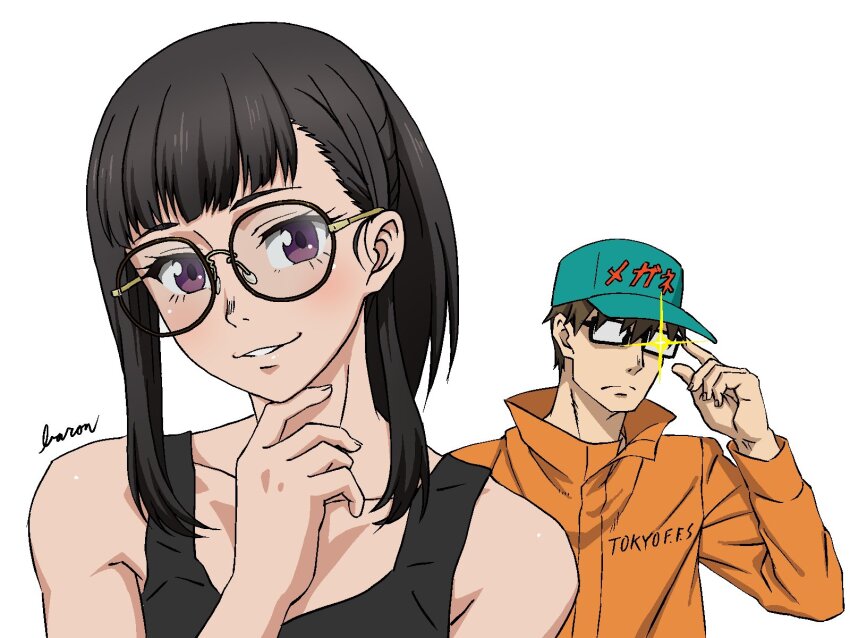 1boy, 1girl, artist_name, bare_shoulders, baron_(varon666), baseball_cap, bespectacled, black-framed_eyewear