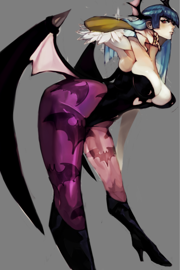 1girl, adjusting_hair, animal_print, aqua_hair, ass, bare_shoulders, bat_print, bat_wings