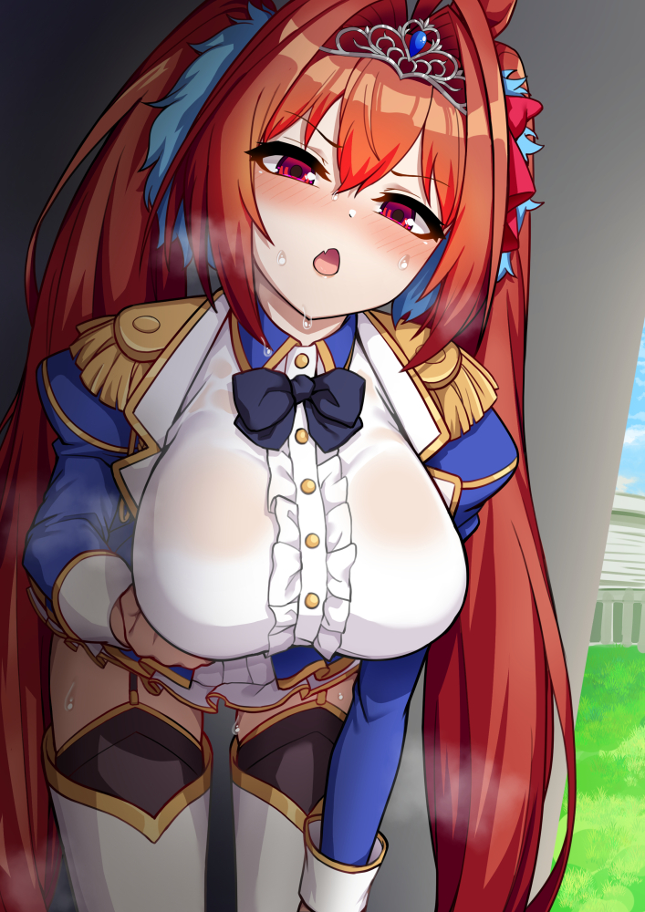 1girl, ao_(user_xcnx5328), black_bow, black_bowtie, black_thighhighs, blue_sleeves, blush, bow