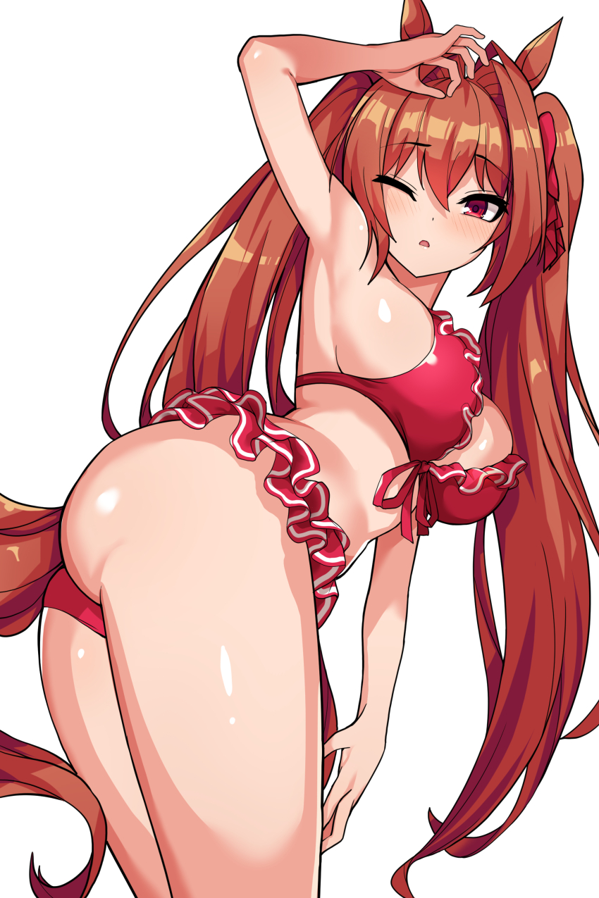1girl, absurdres, animal_ears, ao_(user_xcnx5328), arm_up, armpits, ass, bare_arms, bare_legs, bikini, blush, breasts, brown_hair, daiwa_scarlet_(mini_vacation)_(umamusume), daiwa_scarlet_(umamusume), expressionless, eyelashes, feet_out_of_frame, frilled_bikini, frills, from_side, front-tie_bikini_top, front-tie_top, hair_between_eyes, hair_intakes, highres, horse_ears, horse_girl, horse_tail, large_breasts, layered_bikini, leaning_forward, long_hair, looking_at_viewer, one_eye_closed, parted_lips, red_bikini, red_eyes, sidelocks, simple_background, solo, swimsuit, tail, twintails, twisted_torso, umamusume, very_long_hair, white_background
