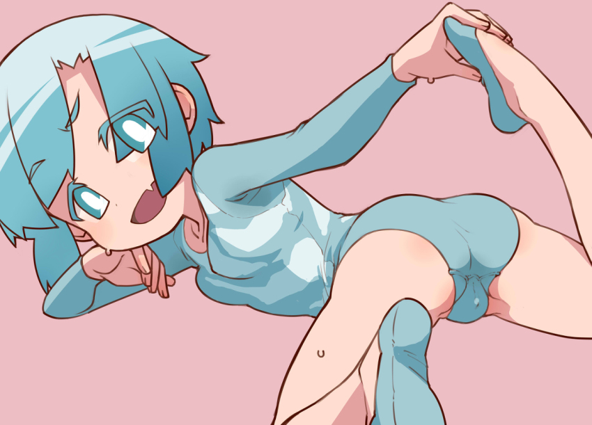 1girl, aqua_eyes, aqua_hair, aqua_leotard, arm_up, bad_id, bad_pixiv_id, breasts, fang, female_focus, flexible, from_behind, gymnast_leotard, head_on_hand, holding, holding_with_feet, leg_up, leotard, long_sleeves, looking_at_viewer, looking_back, lying, ogihara_mach, on_side, on_stomach, open_mouth, petite, pink_background, shoes, short_hair, simple_background, skin_fang, small_breasts, smile, smug, solo, spread_legs, tomboy, ueno-san_wa_bukiyou, unogawa